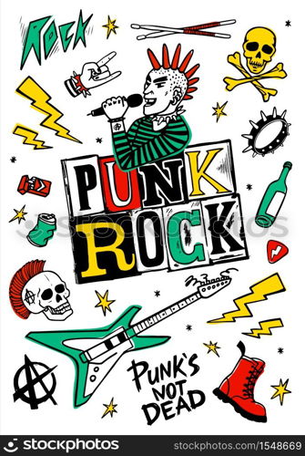 Punk rock music set. Punk rock simbols, words and design elements on white background. vector illustration. Punk rock set. Punks not dead words and design elements. vector illustration.