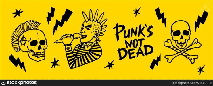 Punk rock set. Punks not dead words and design elements. vector illustration. horizontal design. Punk rock set. Punks not dead words and design elements. vector illustration.