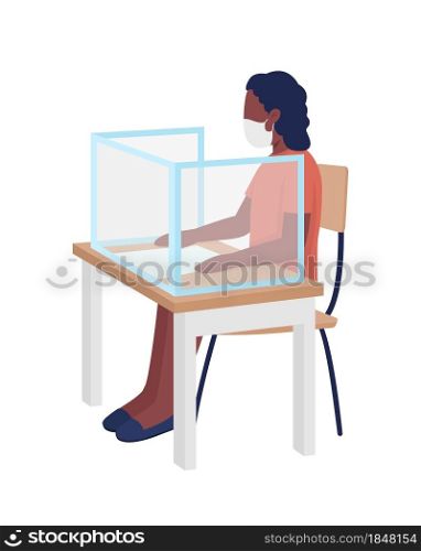 Pupil girl in mask at lesson semi flat color vector character. Girl figure. Full body person on white. Covid rules isolated modern cartoon style illustration for graphic design and animation. Pupil girl in mask at lesson semi flat color vector character
