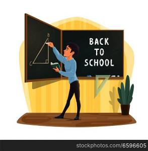 Pupil in classroom study geometry with mathematics formula on blackboard. College or school boy in class with book, ruler and chalk for Back to School season vector design. Pupil at geometry lesson class blackboard