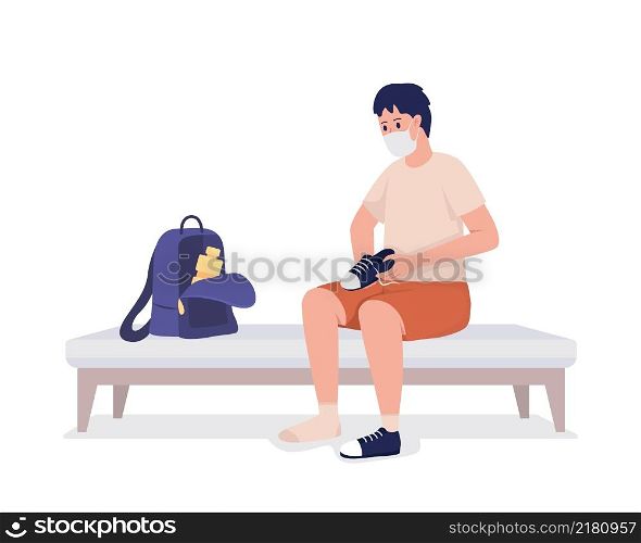 Pupil preparing for gym semi flat color vector character. Sitting figure. Full body person on white. Sports class isolated modern cartoon style illustration for graphic design and animation. Pupil preparing for gym semi flat color vector character