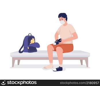 Pupil preparing for gym semi flat color vector character. Sitting figure. Full body person on white. Sports class isolated modern cartoon style illustration for graphic design and animation. Pupil preparing for gym semi flat color vector character