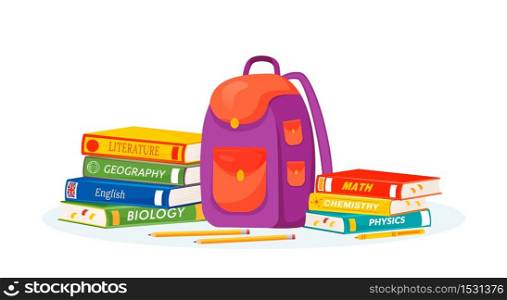 Pupil rucksack and textbooks flat concept vector illustration. Natural and formal sciences learning. High school subject metaphor. Student backpack, stationery and books 2D cartoon objects. Pupil rucksack and textbooks flat concept vector illustration