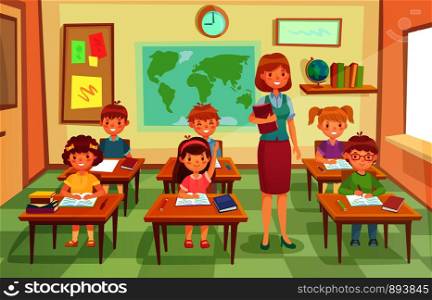 Pupils and teacher in classroom. School pedagogue teach geography lesson with map and globe to pupil kids character. Schools lessons education at class interior cartoon vector illustration. Pupils and teacher in classroom. School pedagogue teach lesson to pupil kids. Schools lessons at class cartoon vector illustration