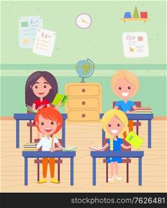 Pupils at lesson vector, classroom with kids sitting by tables. Education in school, classmates with books and notebooks globe on shelf. Geography learning. Back to school concept. Flat cartoon. Schoolboy and Schoolgirl Sitting by Desk at Lesson