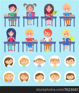 Pupils boys and girls learning disciplines vector, school lesson. Children with books and textbooks reading and writing, schoolboy and schoolgirl studying. Back to school concept. Flat cartoon. Lesson at School, Classmates Sitting by Desks