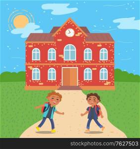 Pupils by school running and playing vector, students with satchels on path. Building exterior, facade of construction, childhood of children flat style. Back to school concept. Flat cartoon. Pupils at School Building Exterior and Kids Vector