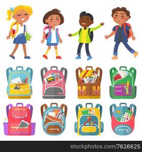 Pupils characters with backpack school bag with notebook and pencil paints and tassels. Smiling children, girl and boy student, classmates vector, set of backpaks. Back to school concept. Flat cartoon. Classmates and Backpack Sticker, School Vector