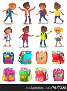 Pupils characters with backpack, school bag with notebook and pencil, paints and tassels. Smiling children, girl and boy student, classmates vector. Back to school concept. Flat cartoon. Classmates and Backpack Sticker, School Vector