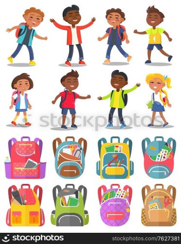 Pupils characters with backpack school bag with notebook and pencil paints and tassels. Smiling children, girl and boy student, classmates vector, set of backpaks. Back to school concept. Flat cartoon. Classmates and Backpack Sticker, School Vector