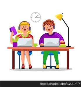 Pupils Children Studying Online Education Vector. Characters Happy Boy And Girl With Earphones Study Internet Education. Laptop, Cup, Domestic Plant And Lamp On Table Flat Cartoon Illustration. Pupils Children Studying Online Education At Home Vector