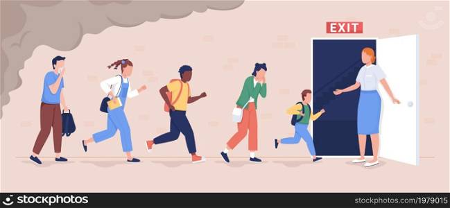 Pupils evacuation from school building flat color vector illustration. Students and staff emergency leaving. Kids follows escape route 2D cartoon characters with educational facility on background. Pupils evacuation from school building flat color vector illustration