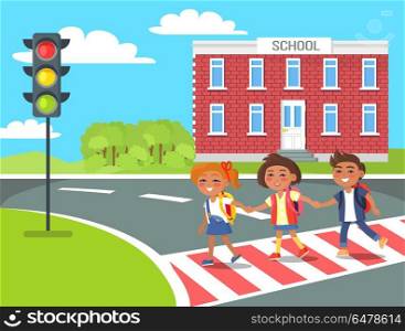 Pupils go Home After Classes Crossing Pedestrian. Pupils go home after classes crossing pedestrian vector illustration. Schoolchildren holding hand on background of school building.