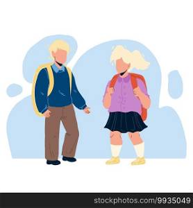 Pupils Kids With Backpack Staying Together Vector. Pupils Boy And Girl Going To Elementary School On Educational Lesson. Characters Children Schoolboy And Schoolgirl Studying Flat Cartoon Illustration. Pupils Kids With Backpack Staying Together Vector