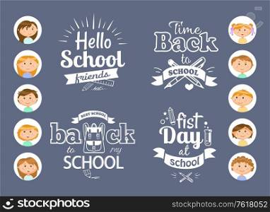 Pupils or students and back to school monochrome icons with lettering vector. Pen and pencil, ruler and flask, backpack and stationery, boys and girls. White lettering with back to school phrases. Back to School Monochrome Icons with Lettering