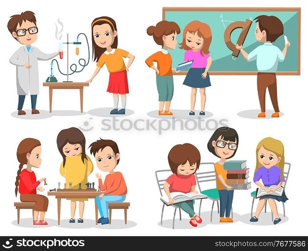 Pupils or students, school classes or lessons and hobby clubs vector. Chemistry and geometry, chess and literature, education, laboratory and classroom. Back to school concept. Flat cartoon. School Classes or Lessons, Pupils or Students