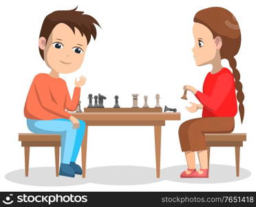 Pupils playing chess vector, isolated boy and girl sitting by gaming board moving figures. Back to school concept flat cartoon children, intellectual players. Smart students classmates on championship. Hobby of Children, Boy and Girl Playing Chess