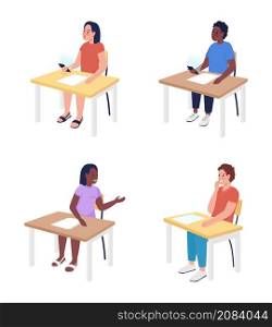 Pupils sitting at desks semi flat color vector characters set. Full body people on white. Elementary school isolated modern cartoon style illustrations collection for graphic design and animation. Pupils sitting at desks semi flat color vector characters set