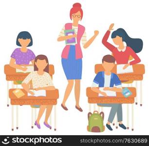 Pupils sitting at desktop and writing teacher holding books, education in classroom. Back to school, girl and boy learning, people study. Flat cartoon. School teacher between students sitting at desks. Girl and Boy Pupils, People in Classroom Vector