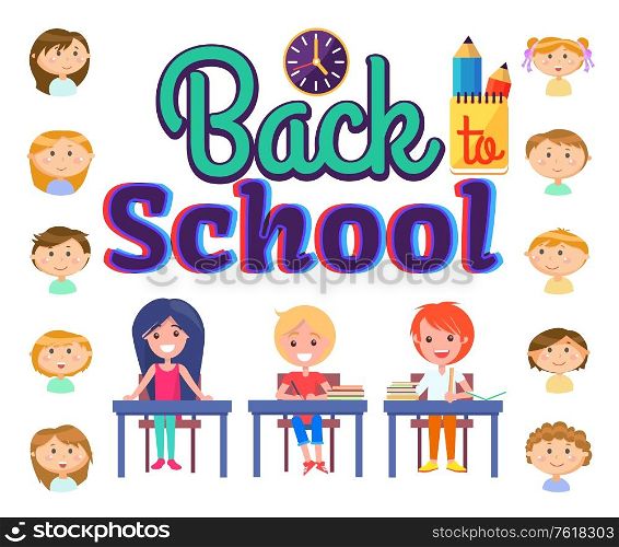Pupils sitting at table with books, back to school letters isolated on white, smiling face of girls and boys, pencil and notebook, education cover vector. Back to School, Pupils Sitting at Table Vector