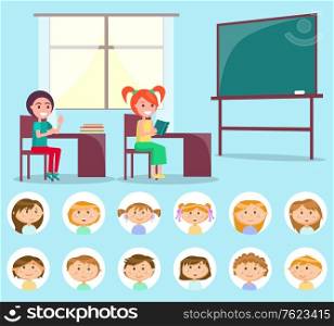 Pupils sitting at table with books, classroom decorated by desk and window, kids sitting indoor. Round stickers of children, classroom and classmate vector. Back to school concept. Flat cartoon. Classroom and Classmate, Lesson and Pupil Vector