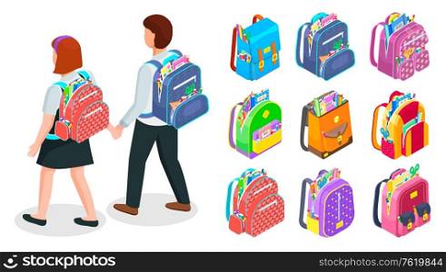 Pupils walking holding hands. Set of colorful backpacks filled with supplies like ruler, pencils, pens. School equipment and accessories vector illustration. Isometric 3d rucksack. Back to school. Set of School Bags filled with Supplies Vector