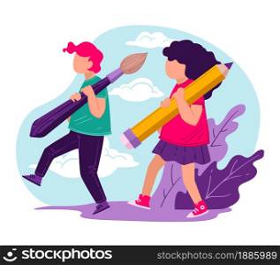 Pupils with brush and pencil carrying school supplies on lesson or classes. Children characters learning art disciplines, education and development of creative skills, hobby vector in flat style. Boy and girl carrying bush and pencil, school education