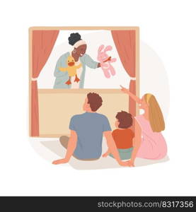 Puppet show isolated cartoon vector illustration. Puppet theatre, family outing with kids, watching show, leisure time, fairy tale play for children, amusement park, comedy vector cartoon.. Puppet show isolated cartoon vector illustration.