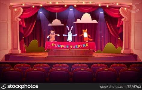 Puppet show on theater stage with red curtains, spotlights and seat chairs. Theatre for kids with marionette dolls dog, rabbit and fox on wooden scene, animal hands toys Cartoon vector illustration. Puppet show on theater stage with red curtains