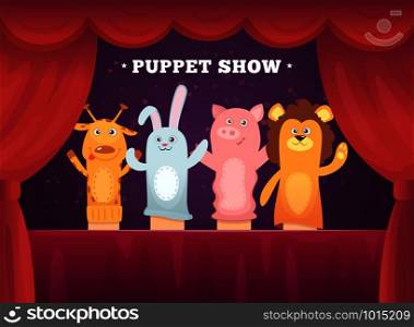 Puppet show. Red curtains theatre performance for kids stage with socks toys for hands cartoon background. Illustration of show puppet, toy doll entertainment. Puppet show. Red curtains theatre performance for kids stage with socks toys for hands cartoon background