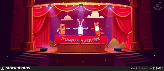 Puppet theater on stage, funny dolls perform show for children on scene with red curtains, stairs and illumination. Hand toys dog, rabbit and fox theatrical performance, Cartoon vector illustration. Puppet theater on stage, funny dolls perform show