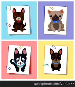 Puppies and dogs poster set, collection of pets pictures, creatures of different breeds and colors, isolated on vector illustration. Dog on a piece of paper cl&ed with a paper clip. Puppies and Dogs Poster Set Vector Illustration