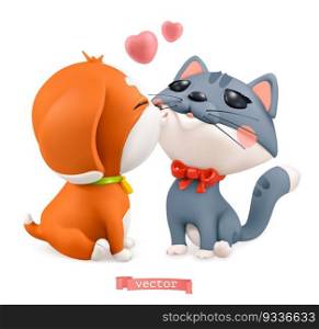 Puppy and kitten. Valentine’s day illustration. 3d vector icon