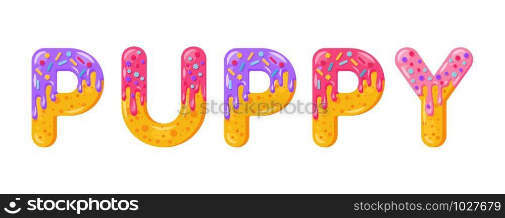 Puppy biscuit vector lettering. Glazed gingerbread inscription. Tempting flat design typography. Cookies letters dog lover phrase isolated on white. Biscuit word t shirt print, sticker, banner element