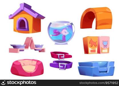Puppy or dog house and cat food vector care element. Cartoon animals accessory clipart illustration set. Isolated animal bed, feed supplies and aquarium with fish png supermarket object collection. Puppy or dog house, cat food vector care element