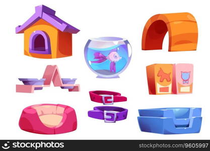 Puppy or dog house and cat food vector care element. Cartoon animals accessory clipart illustration set. Isolated animal bed, feed supplies and aquarium with fish png supermarket object collection. Puppy or dog house, cat food vector care element
