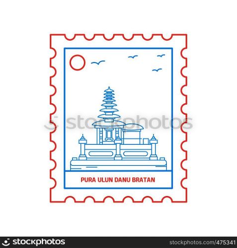 PURA ULUN DANU BRATAN postage stamp Blue and red Line Style, vector illustration