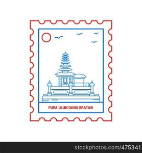 PURA ULUN DANU BRATAN postage stamp Blue and red Line Style, vector illustration
