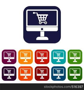 Purchase at online store through computer icons set vector illustration in flat style in colors red, blue, green, and other. Purchase at online store through computer icons set