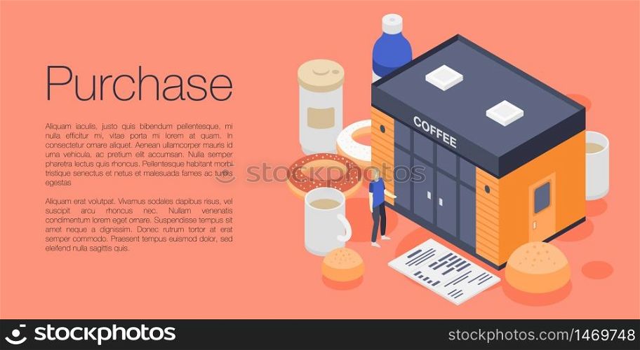 Purchase coffee concept banner. Isometric illustration of purchase coffee vector concept banner for web design. Purchase coffee concept banner, isometric style