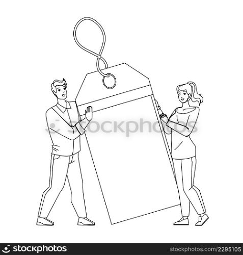 Purchase Discount Special Offer For Clients Black Line Pencil Drawing Vector. Seasonal Purchase Discount Offering Salesman For Woman Customer. Characters Commerce Business And Relation Illustration. Purchase Discount Special Offer For Clients Vector