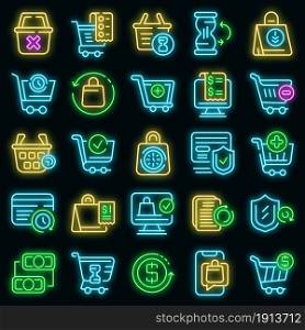 Purchase history icons set. Outline set of purchase history vector icons neon color on black. Purchase history icons set vector neon