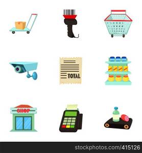 Purchase in shop icons set. Cartoon illustration of 9 purchase in shop vector icons for web. Purchase in shop icons set, cartoon style