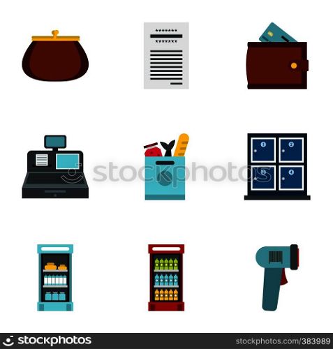 Purchase in shop icons set. Flat illustration of 9 purchase in shop vector icons for web. Purchase in shop icons set, flat style