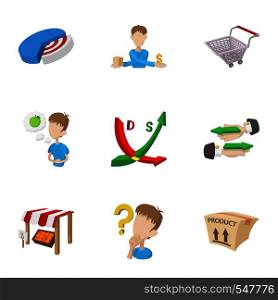 Purchase in store icons set. Cartoon illustration of 9 purchase in store vector icons for web. Purchase in store icons set, cartoon style