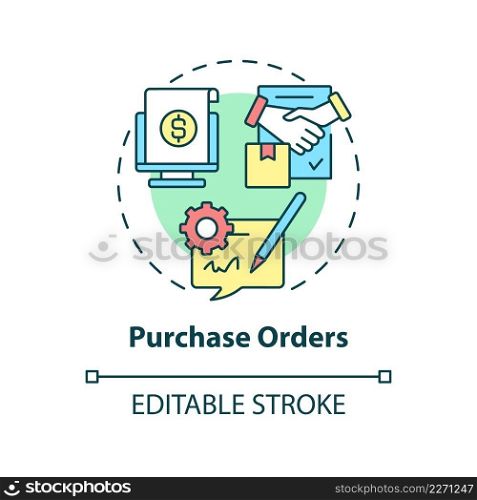 Purchase orders concept icon. Request, approval. Ex&les of automation in business abstract idea thin line illustration. Isolated outline drawing. Editable stroke. Arial, Myriad Pro-Bold fonts used. Purchase orders concept icon