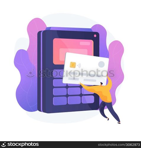 Purchase payment processing. Credit card transaction, financial operation, electronic money transfer. Buyer using e payment with contactless credit card. Vector isolated concept metaphor illustration. Payment processing vector concept metaphor
