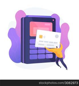 Purchase payment processing. Credit card transaction, financial operation, electronic money transfer. Buyer using e payment with contactless credit card. Vector isolated concept metaphor illustration. Payment processing vector concept metaphor