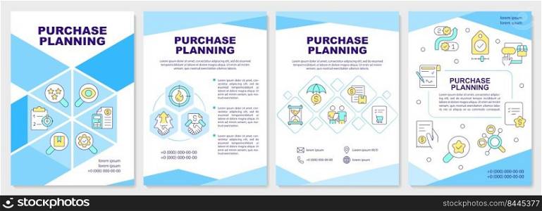 Purchase planning blue brochure template. Inventory management. Leaflet design with linear icons. Editable 4 vector layouts for presentation, annual reports. Arial-Black, Myriad Pro-Regular fonts used. Purchase planning blue brochure template