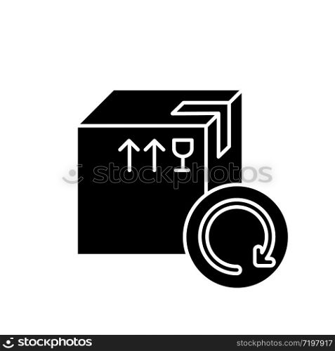 Purchase returns black glyph icon. Order guarantee, customer support, consumer rights protection. Return shipping, transportation. Silhouette symbol on white space. Vector isolated illustration